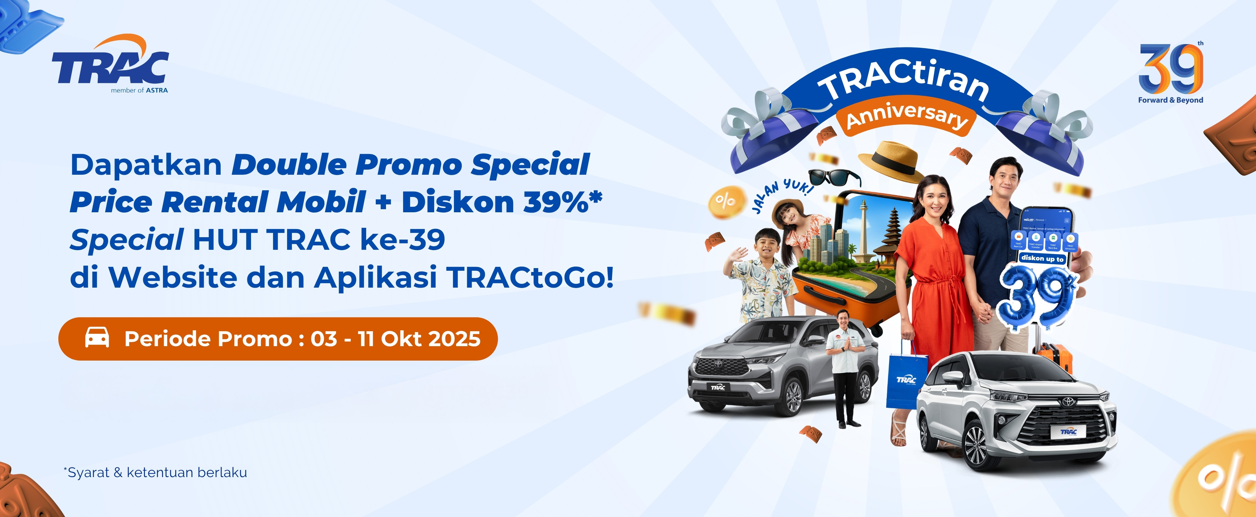 HUT 39 TRAC: Promo Rental Mobil Diskon 39% Hingga Rp75.000